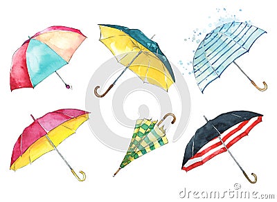 Set of watercolor hand painted colorful umbrellas Stock Photo