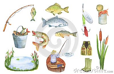 Set of watercolor hand painted fishes and fisherman in boat with rod. Pond with reeds, bucket of fish and fishing hook Stock Photo