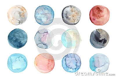 Set of watercolor hand painted stains. Abstract circle shape design element. Colorful round background isolated Vector Illustration