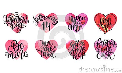 Set of watercolor hearts and lettering quotes about love and relationship. Hand-drawn various red pink orange hearts Stock Photo