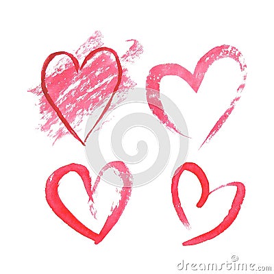 Set of watercolor hearts on white background . Sketch style icon Vector Illustration