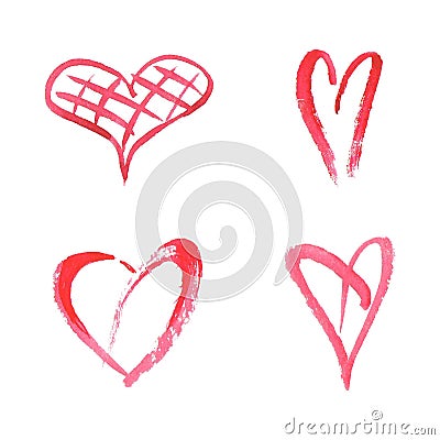 Set of watercolor hearts on white background . Sketch style icon Vector Illustration