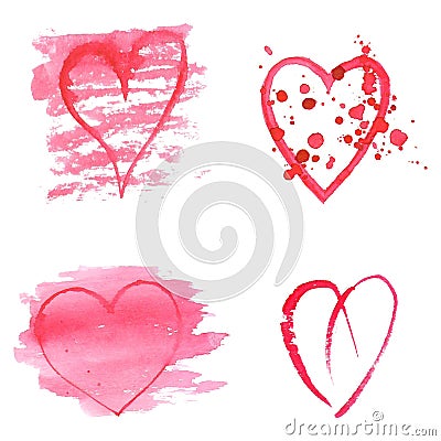 Set of watercolor hearts on white background . Sketch style icon Vector Illustration