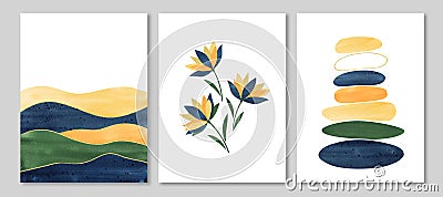 Set of watercolor illustration, indigo, yellow, deep green colors. Abstract frames and backgrounds design with hand drawn illustra Cartoon Illustration