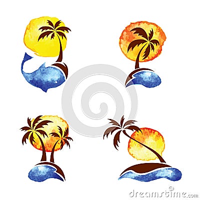 Set of watercolor illustration - palm trees Vector Illustration