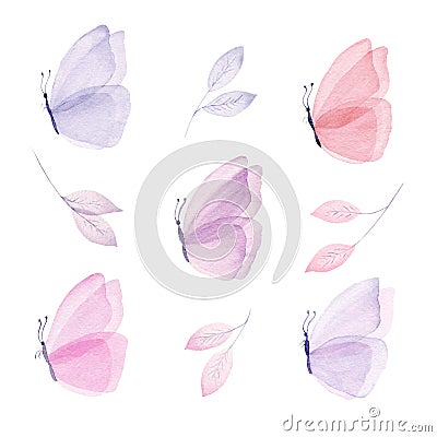 Set of watercolor illustrations with butterfly and leaf. Hand painted pastel clipart. Cartoon Illustration