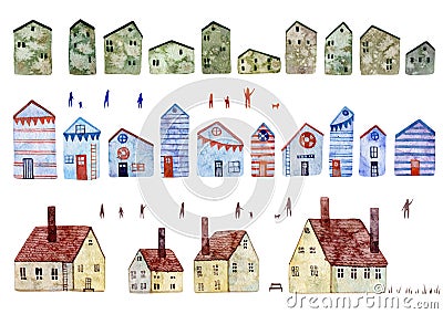 Set of watercolor illustrations of different houses isolated on white background. Old European houses with tile roofs Cartoon Illustration