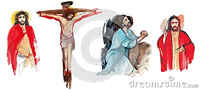 Set of watercolor illustrations of Jesus Christ in prayer, Christ on the cross, Jesus in the crown of thorns, Christ blesses. Cartoon Illustration