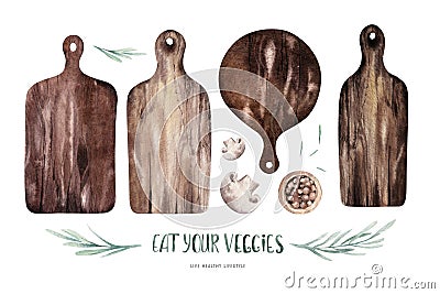 Set of watercolor kitchen wooden cutting boards. Hand drawn Illustration for kitchen posters. Restaurant board menu Stock Photo