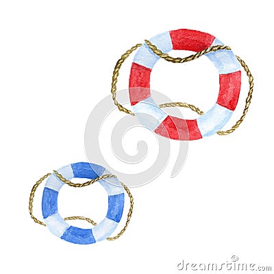 Set of watercolor lifebuoys. Red and blue lifebuoy. Stock Photo