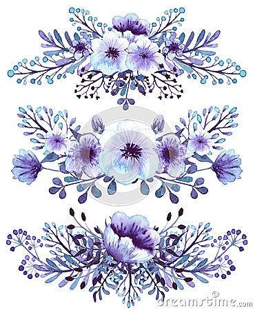 Set Of Watercolor Light Blue And Violet Flowers Bouquets Stock Photo