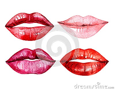 Set of watercolor lips, isolated on white background, illustration Cartoon Illustration