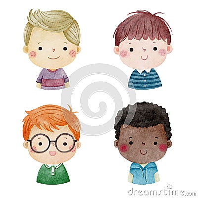 Set of watercolor little boy faces, avatars, kid heads different nationality set 2 Vector Illustration