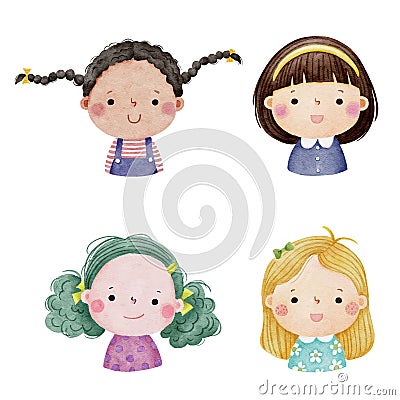 Set of watercolor little girl faces, avatars, kid heads different nationality set 1 Vector Illustration