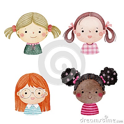 Set of watercolor little girl faces, avatars, kid heads different nationality set 2 Vector Illustration