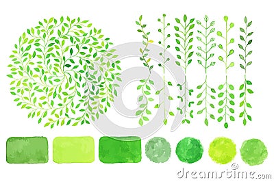 Set of watercolor logotypes. Green leaves, branches, plants Vector Illustration