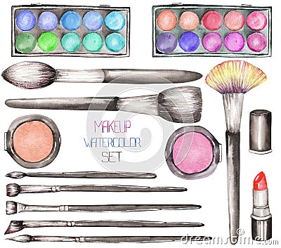 A set with the watercolor makeup tools: blusher, eyeshadow, lipstick and makeup brushes Stock Photo