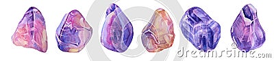 Set watercolor mineral crystal pink purple quartz and amethyst isolated on white background. Hand-drawn treasure Stock Photo