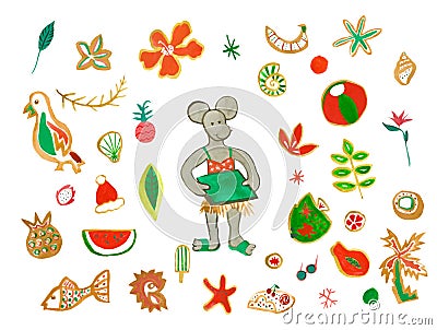 Set with watercolor Mom mouse tropical Christmas holiday Cartoon Illustration