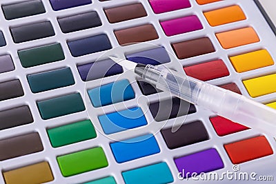 Set of watercolor paints, brushes for painting. Multicolors Stock Photo