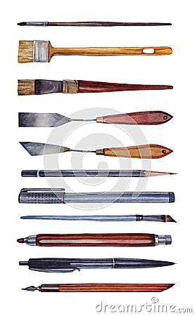 Set watercolor palette knife for artist or repairs, brush, pen, pencil mechanical collet, antique fountain pen isolated Stock Photo