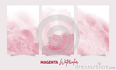 A set of watercolor pastel magenta paintings. Composition of 3 cards. Stock Photo