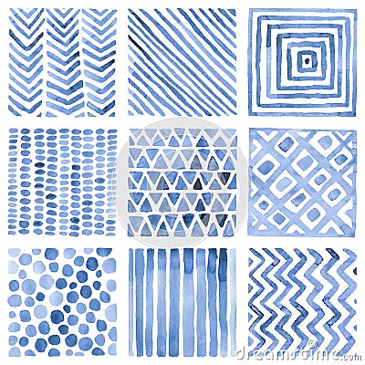 Set of watercolor patterns. Blue ornaments on a white background. Handwork Vector Illustration