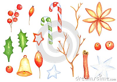 Set of watercolor pictures for New Year and Christmas Stock Photo