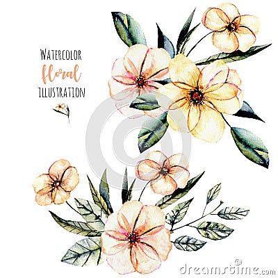 Set of watercolor pink flowers and leaves bouquets illustration Cartoon Illustration