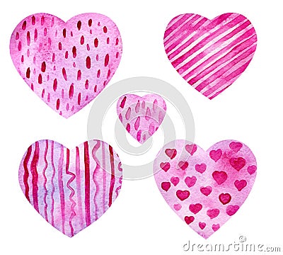 Set of watercolor pink hearts Stock Photo