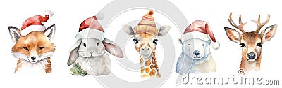 Set of watercolor portraits of cute Christmas animals. Fox, hare, giraffe, polar bear, forest deer isolated on white. Generative Stock Photo