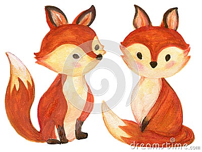 Set of watercolor red fluffy foxes in motion on white Cartoon Illustration