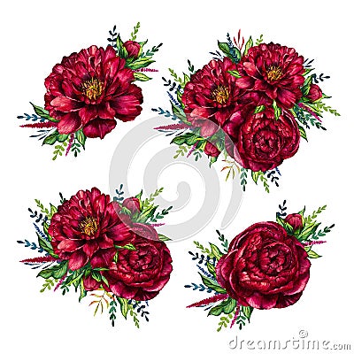 Set of watercolor red peonies bouquets Stock Photo