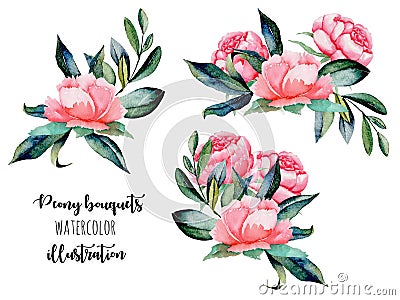 Set of watercolor red peonies and green leaves bouquets illustrations Cartoon Illustration