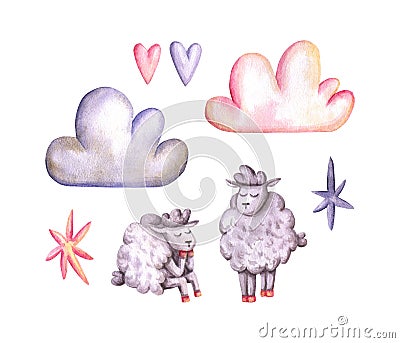 Set of watercolor sheeps, clouds, stars, hearts. Hand drawn illustration is isolated on white. Cute painted elements Cartoon Illustration