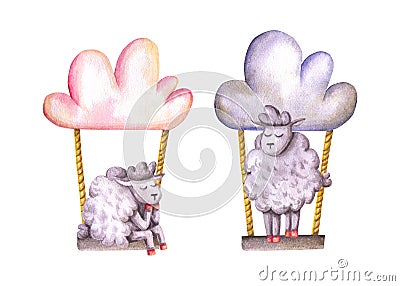 Set of watercolor sheeps and clouds with swing. Hand drawn illustration is isolated on white. Cute animals Cartoon Illustration