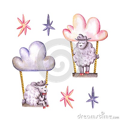 Set of watercolor sheeps and clouds, swing, stars. Hand drawn illustration is isolated on white. Cute animals Cartoon Illustration