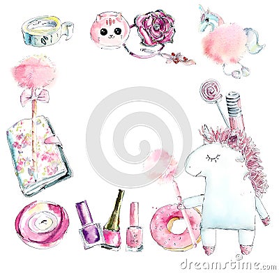 Frame from unicorn and girls pink things. Watercolor hand drawn illustration Stock Photo