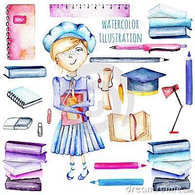 Set of watercolor smart schoolgirl, books and stationery objects Stock Photo