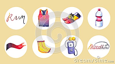 Set of watercolor sport icons. Hand painted trendy illustrations isolated on white circles. Running items perfect for blogger Cartoon Illustration