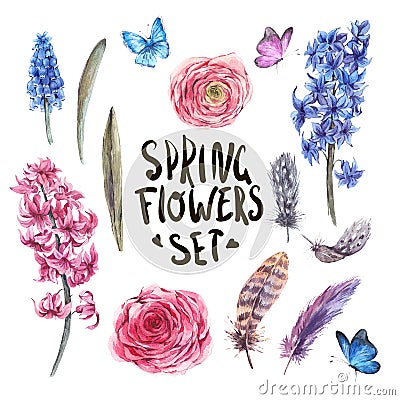 Set of watercolor Spring Nature elements Cartoon Illustration