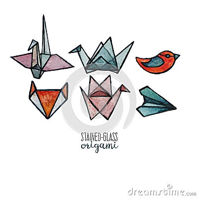 A set of watercolor stained glass origami pieces Stock Photo