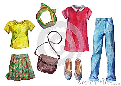 Set of watercolor summer clothing Stock Photo