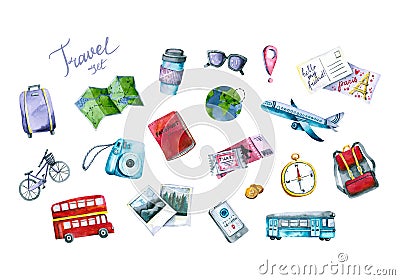 Set of watercolor travel icons. Hand painted trendy illustrations isolated on white Cartoon Illustration