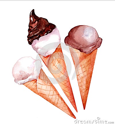 Set of watercolor waffle cones with ice cream Stock Photo