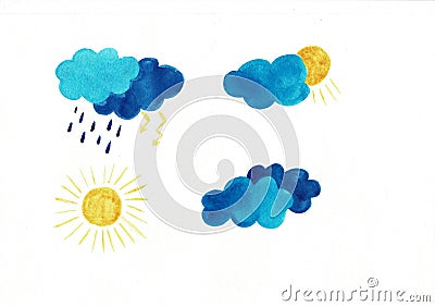 Set of watercolor weather icons. Sun clouds rain drops snowflakes storm. Perfect for sticker or web design isolated on Stock Photo