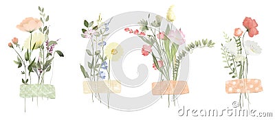 Set of watercolor wildflower bouquets, summer herbarium Vector Illustration
