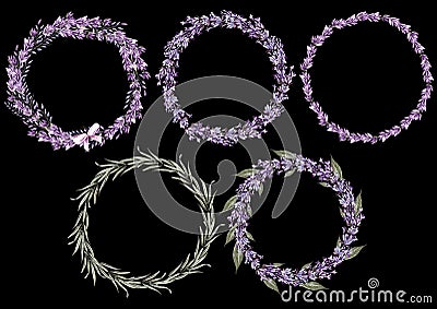 Set of 5 watercolor wreath lavender flowers on white background. Stock Photo
