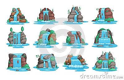 Set of waterfall. River waterfall falls from cliff white background. Water fall streams Vector Illustration