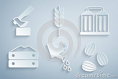 Set Watering can, Granary, Bag of flour, Seeds, Wheat and Wooden axe icon. Vector Vector Illustration